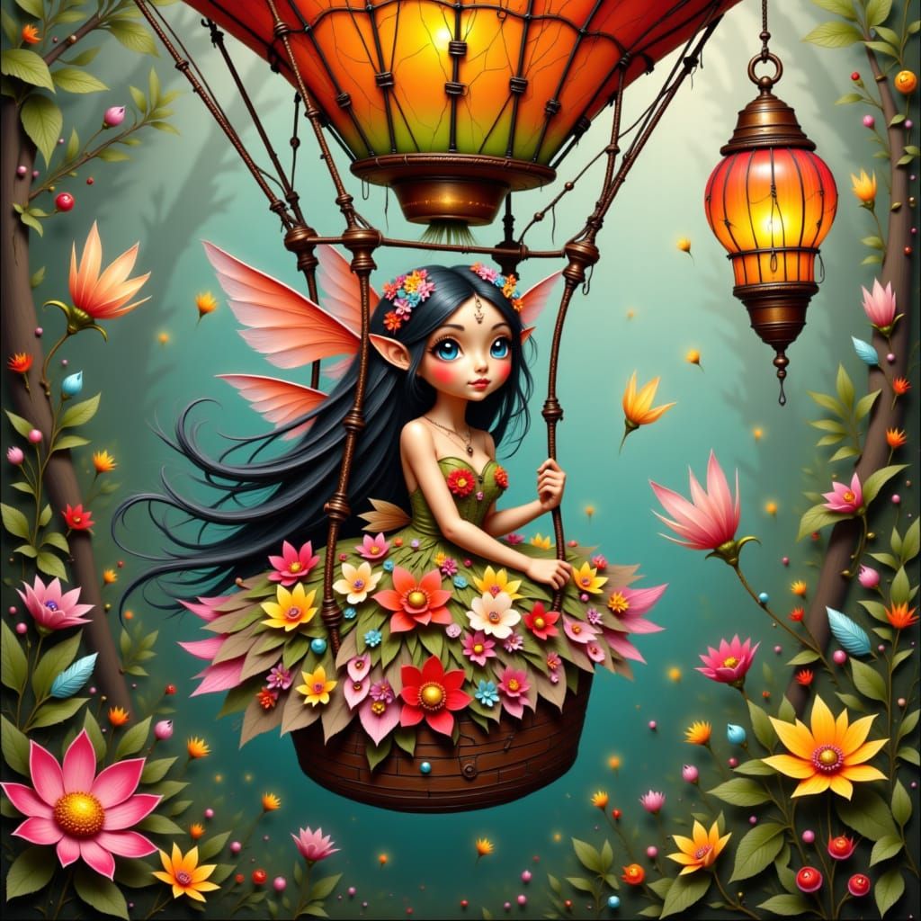 Fairy in Floral Dress Floats in Hot Air Balloon