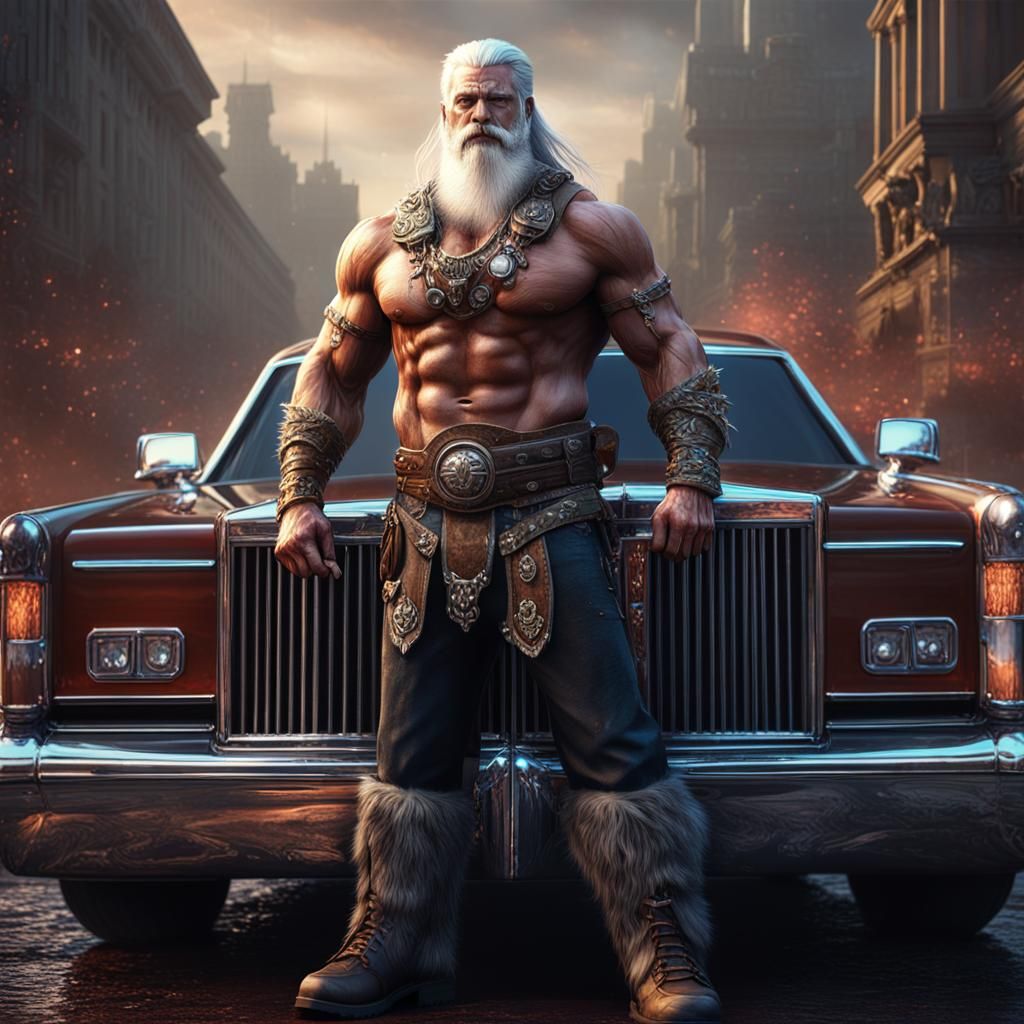 Muscular Barbarian in Fantasy Attire Beside a Luxurious Limo...