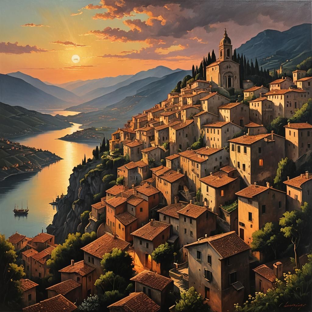 Italian Village Sunset Inspired by Baroque Masters