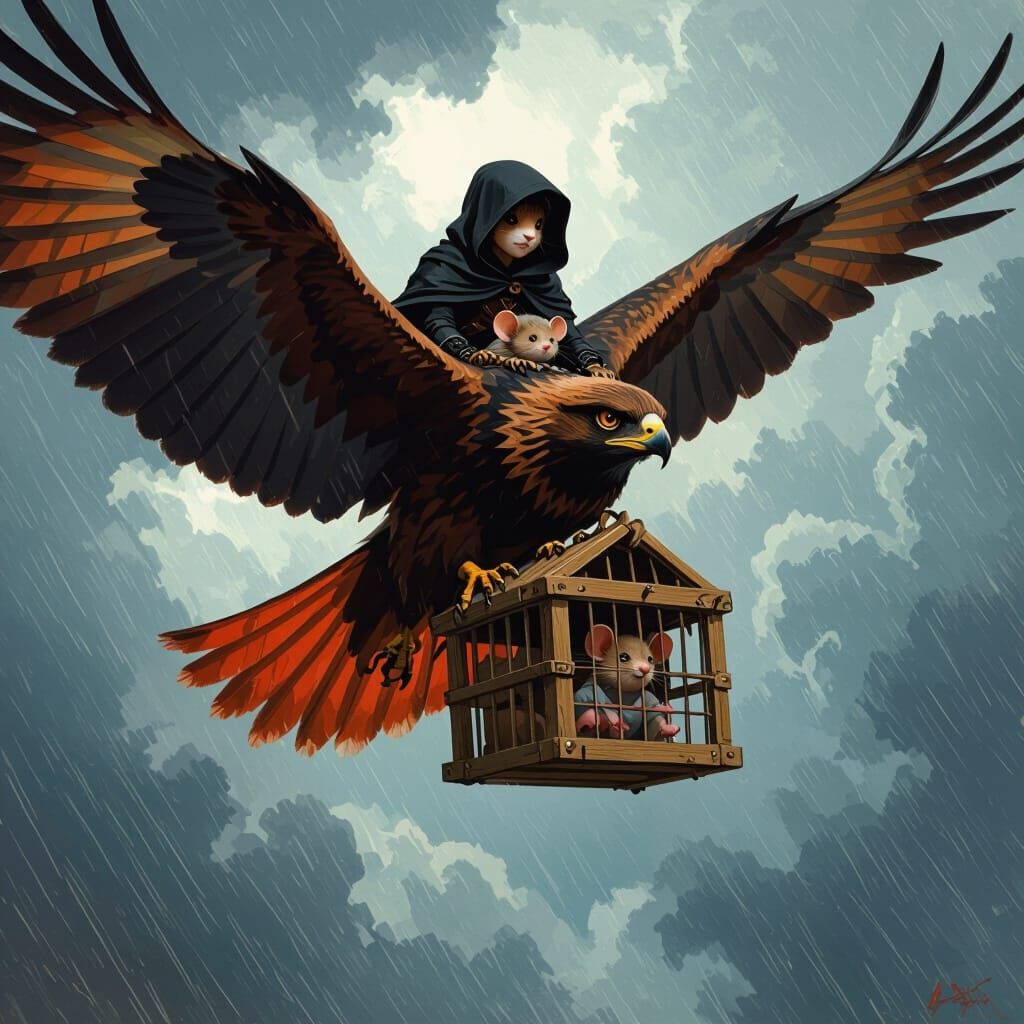 Mink Rides Hawk Through Stormy Skies, Fantasy Art