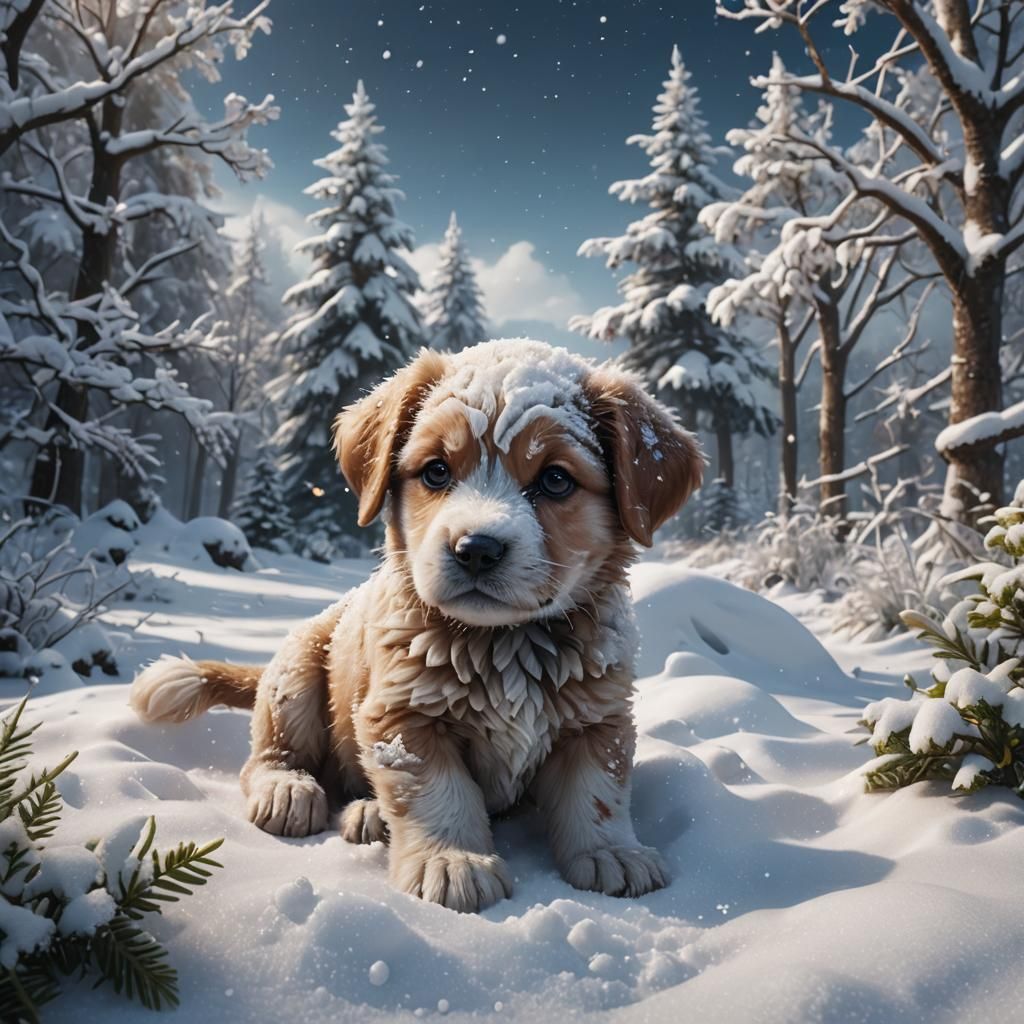 Puppy Covered in Snow: Detailed Matte Painting