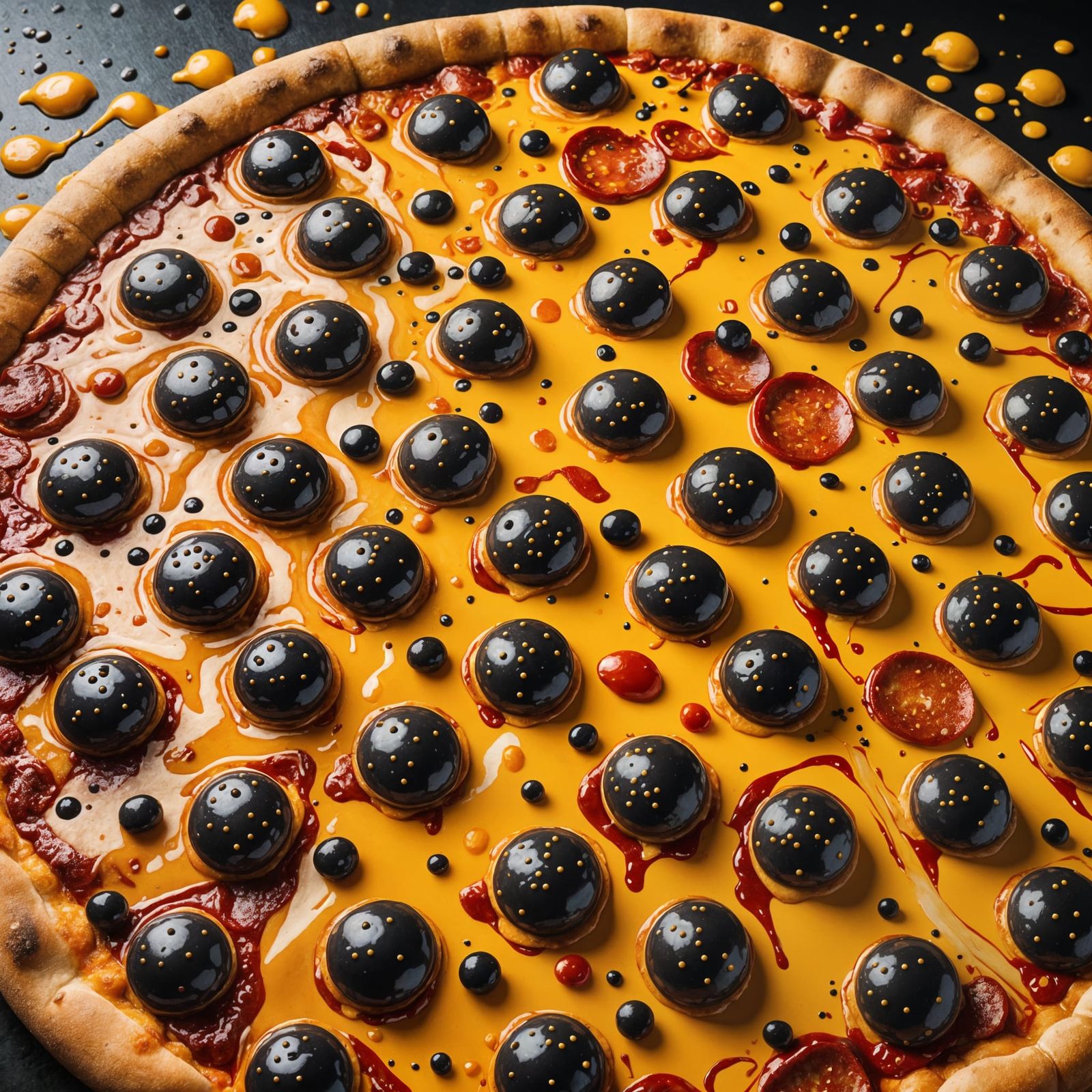 A pizza-themed character made entirely of toppings abstract ...