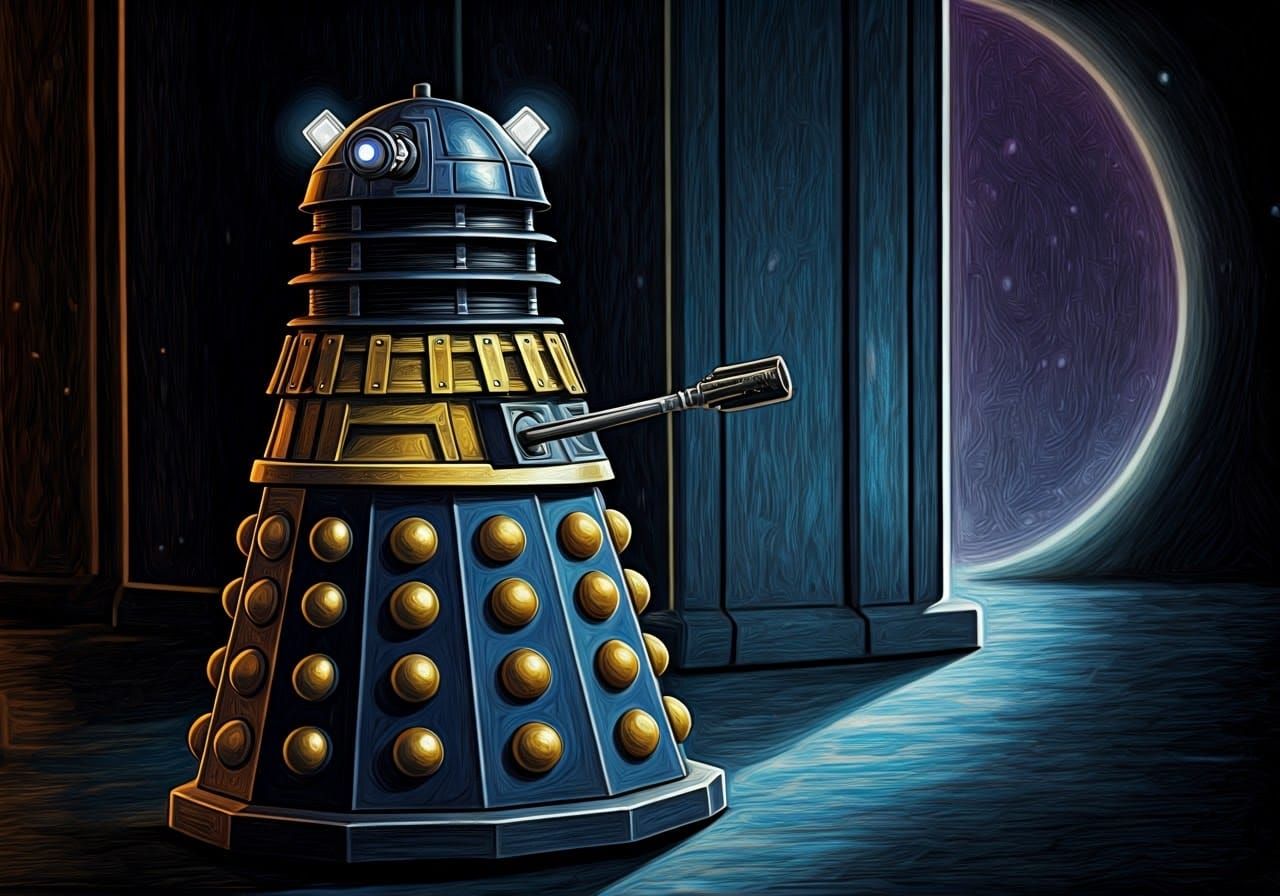 Dalek Contemplates TARDIS in Whimsical Cartoon Style