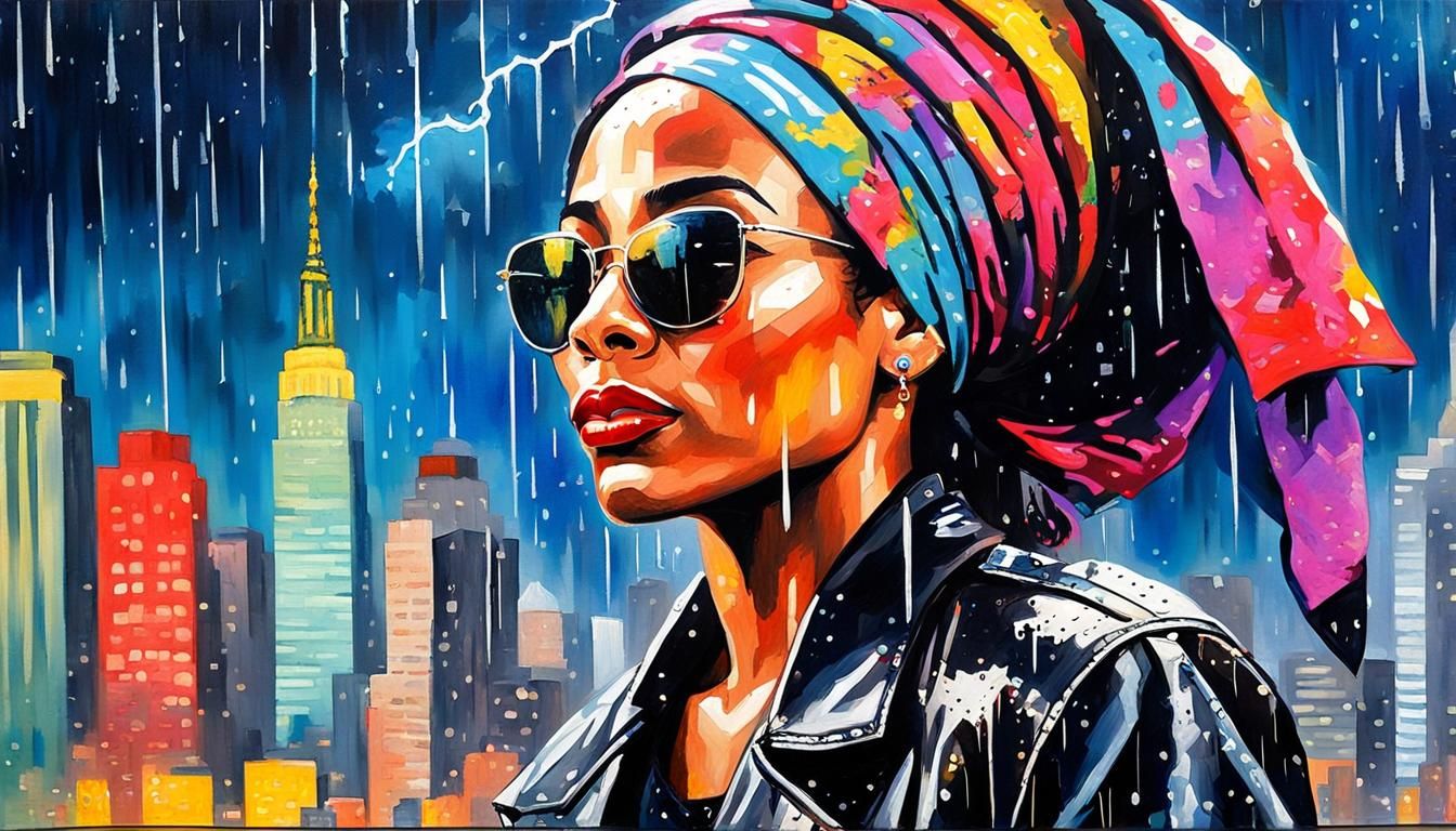 Sade in Pop Art Watercolor Portrait in the Rain