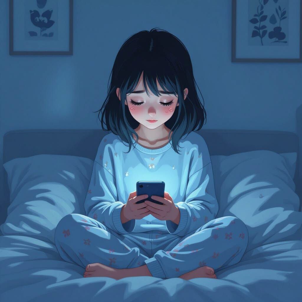 Sad Girl with Phone in Cartoon Style