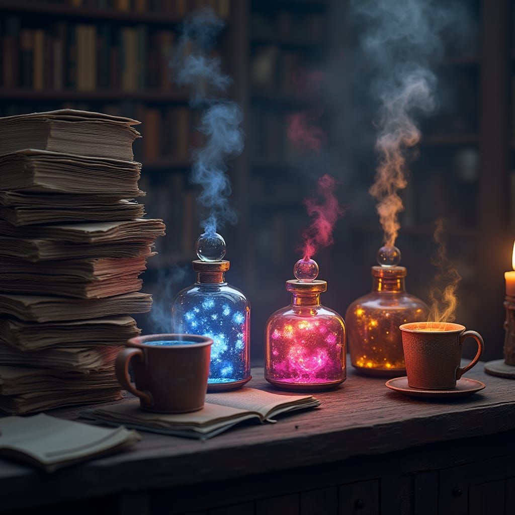 Magical Counter with Spellbooks and Glowing Potions