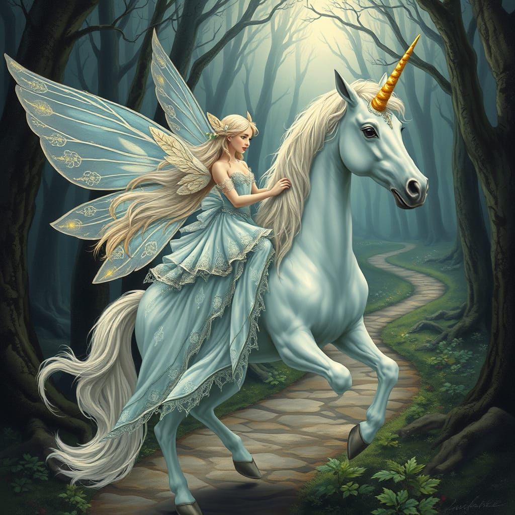 Fairy and Unicorn Approaching Dark Forest Path