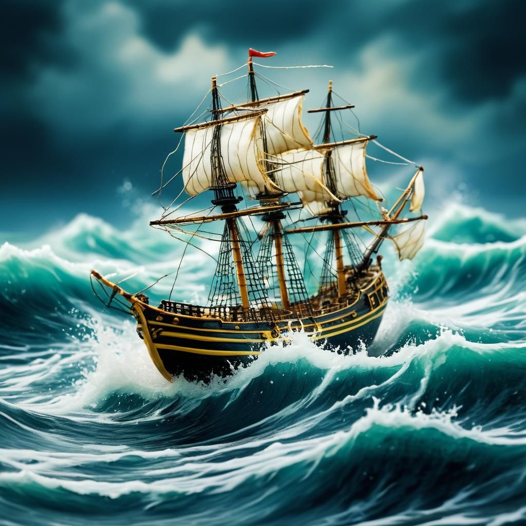 Tall Ship Storm in Teacup: Macro Oil Painting