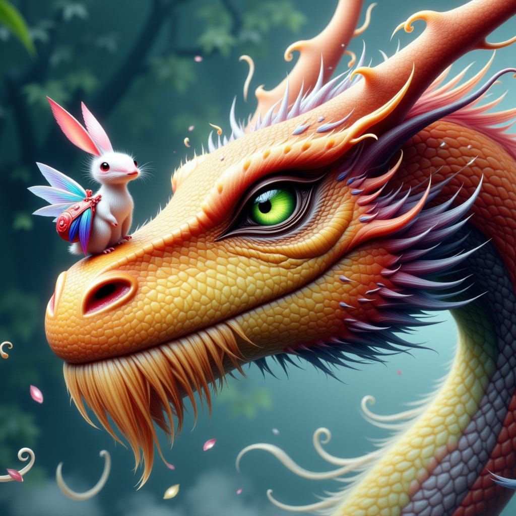 Dragon Snout with Rainbow Creature, Dreamlike Environment