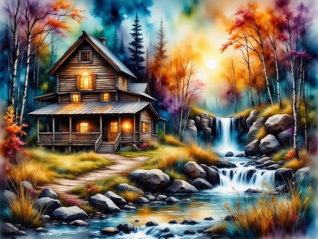 Whimsical Watercolor Log Cabin Scene in Dreamy, Ethereal Sty...