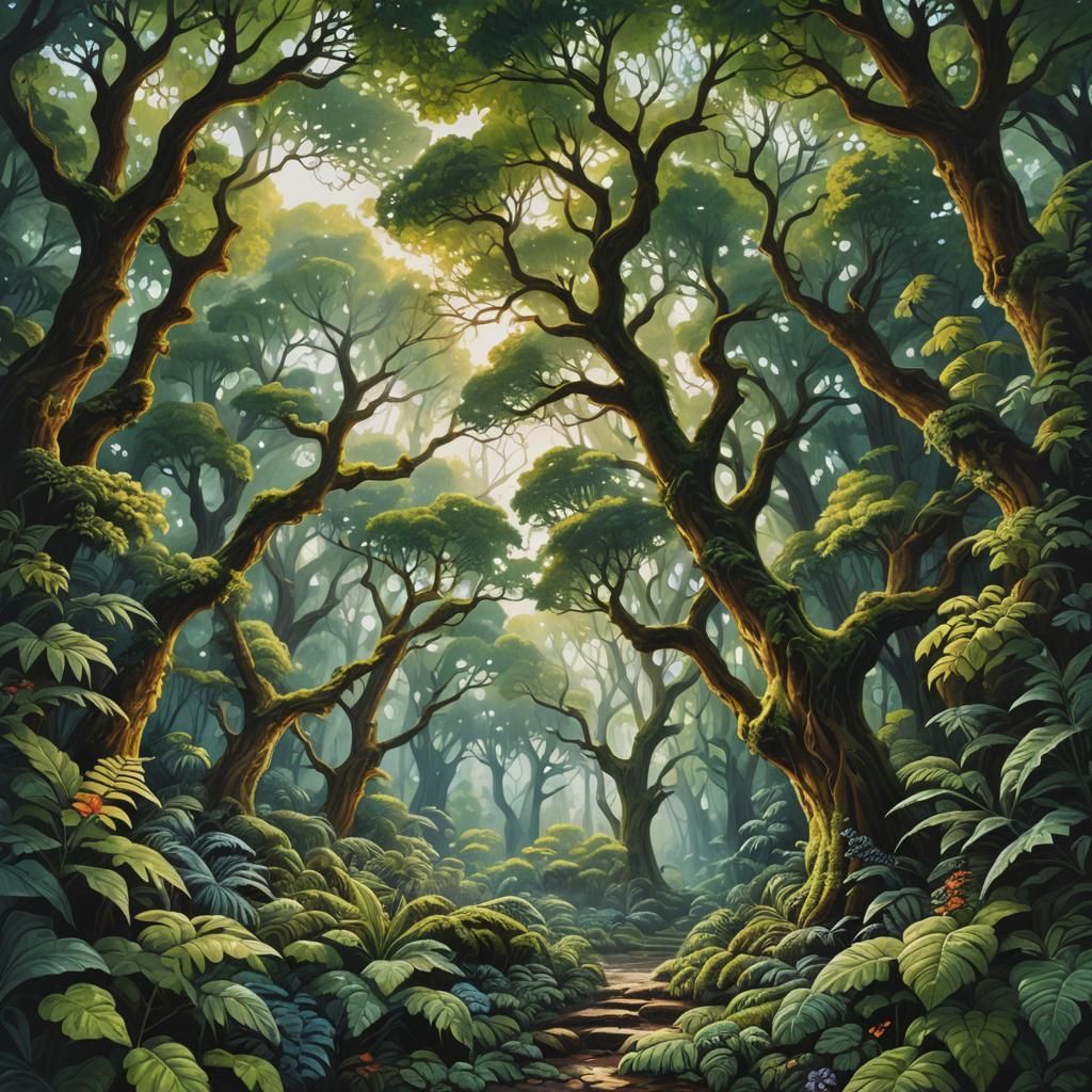 Lush Forest Canopy Painting, Ornate and Detailed