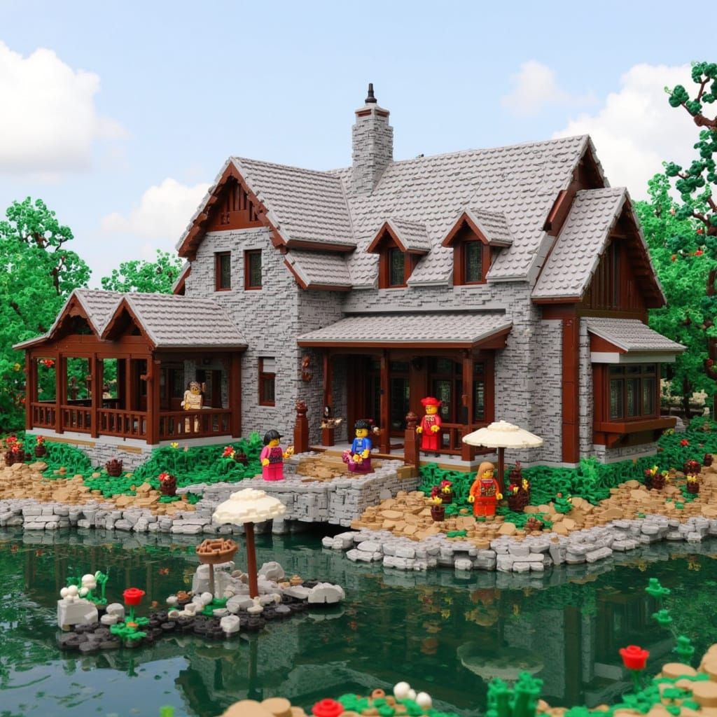 House Near Lake in LEGO Brick Style