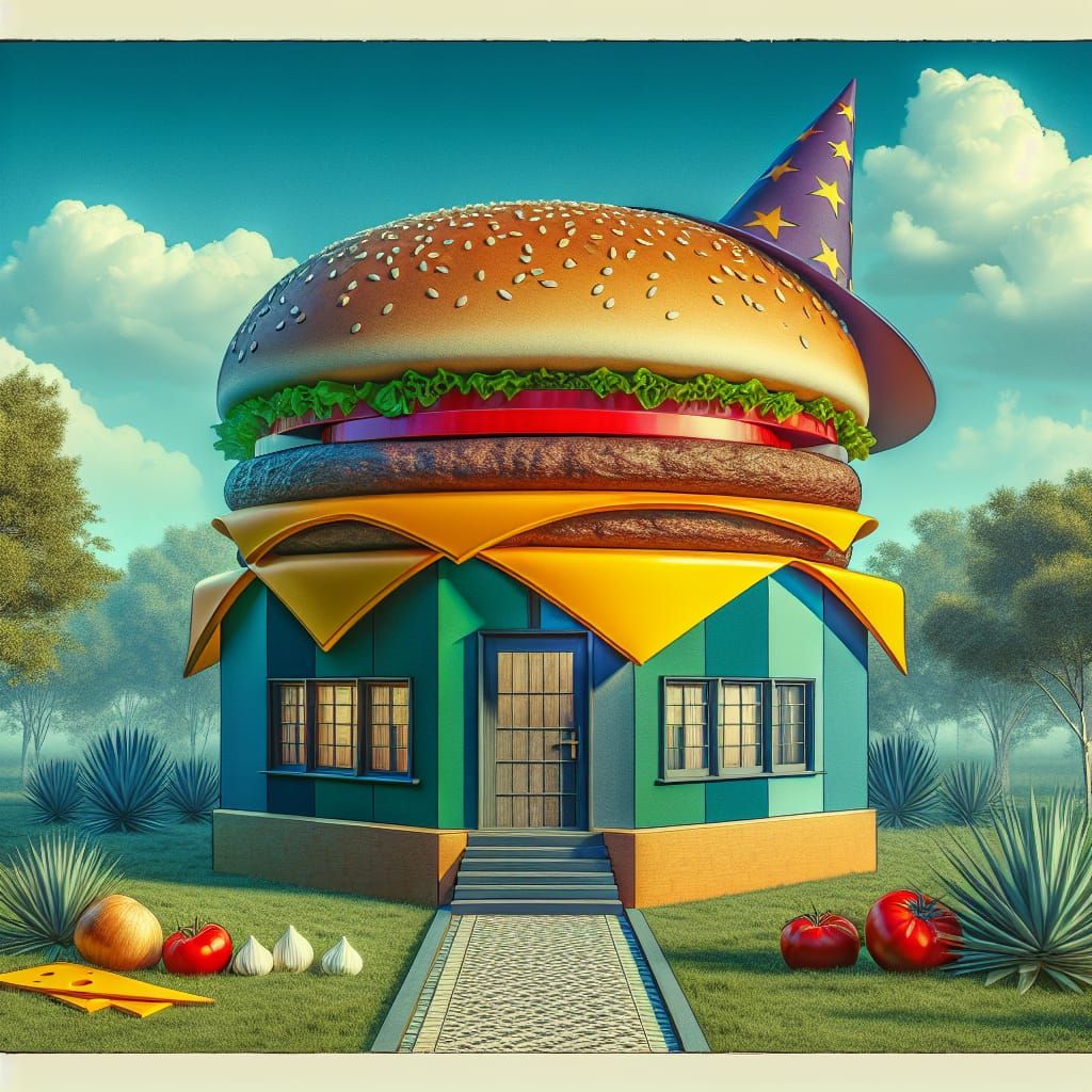 Hamburger House and Wizard Frog in Cubist Style