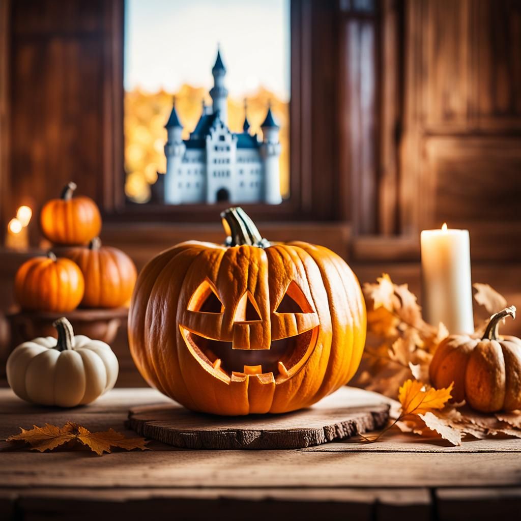 Neuschwanstein Castle Carved on Warmly Lit Pumpkin