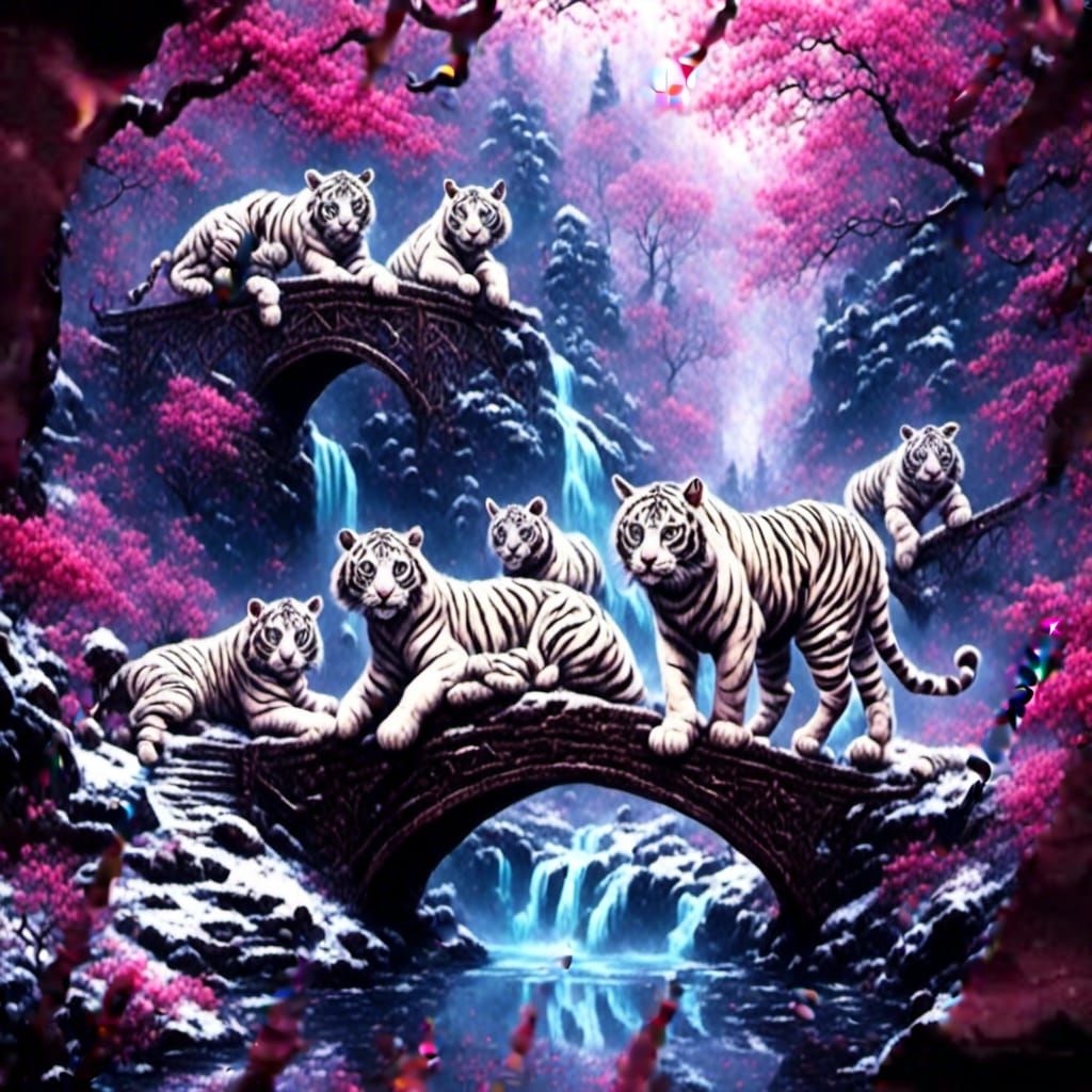 Playful White Tiger Cubs in Snowy Mountain Retreat