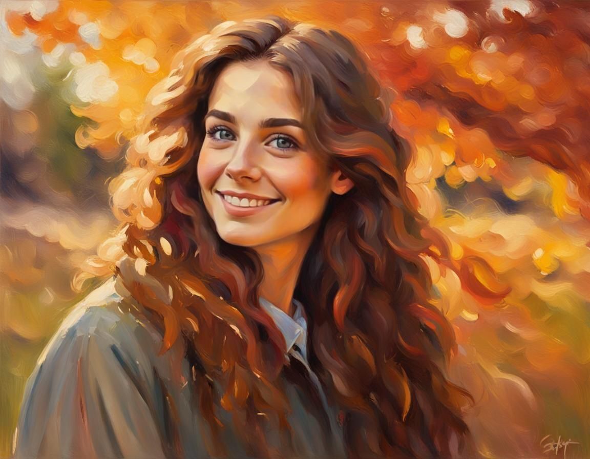 Vintage Oil Painting of Woman in Autumn Sunset