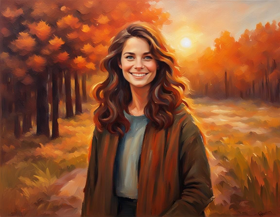 Beautiful Woman Walking at Sunset: Oil Painting