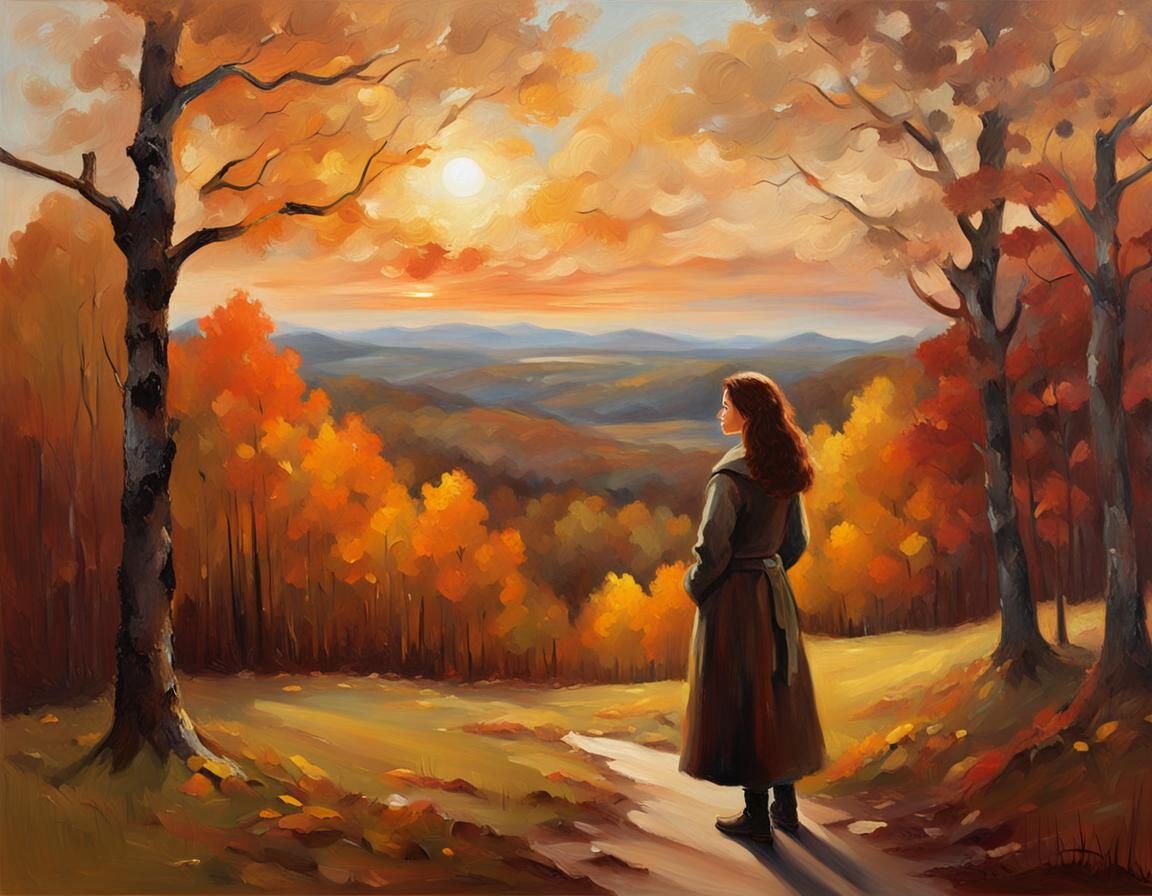 Baroque Woman in Autumn Landscape, Oil Painting