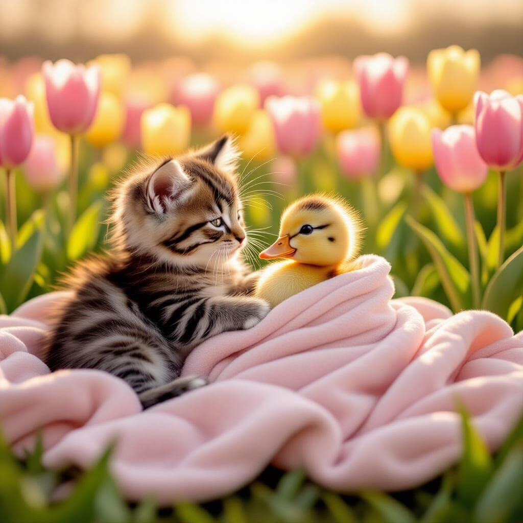 Kitten and Duckling Nuzzle in Tulip Field