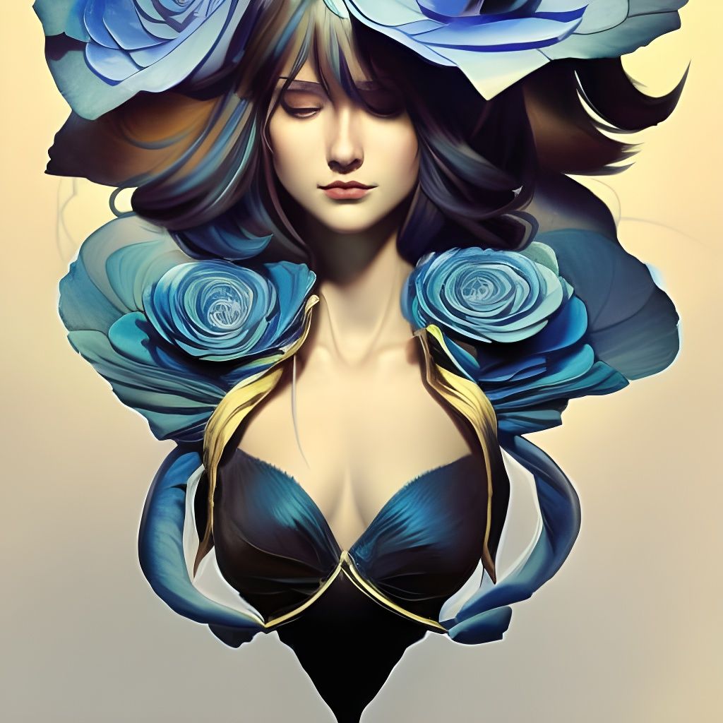 Blue Rose Winged Girl Portrait in Art Nouveau Style