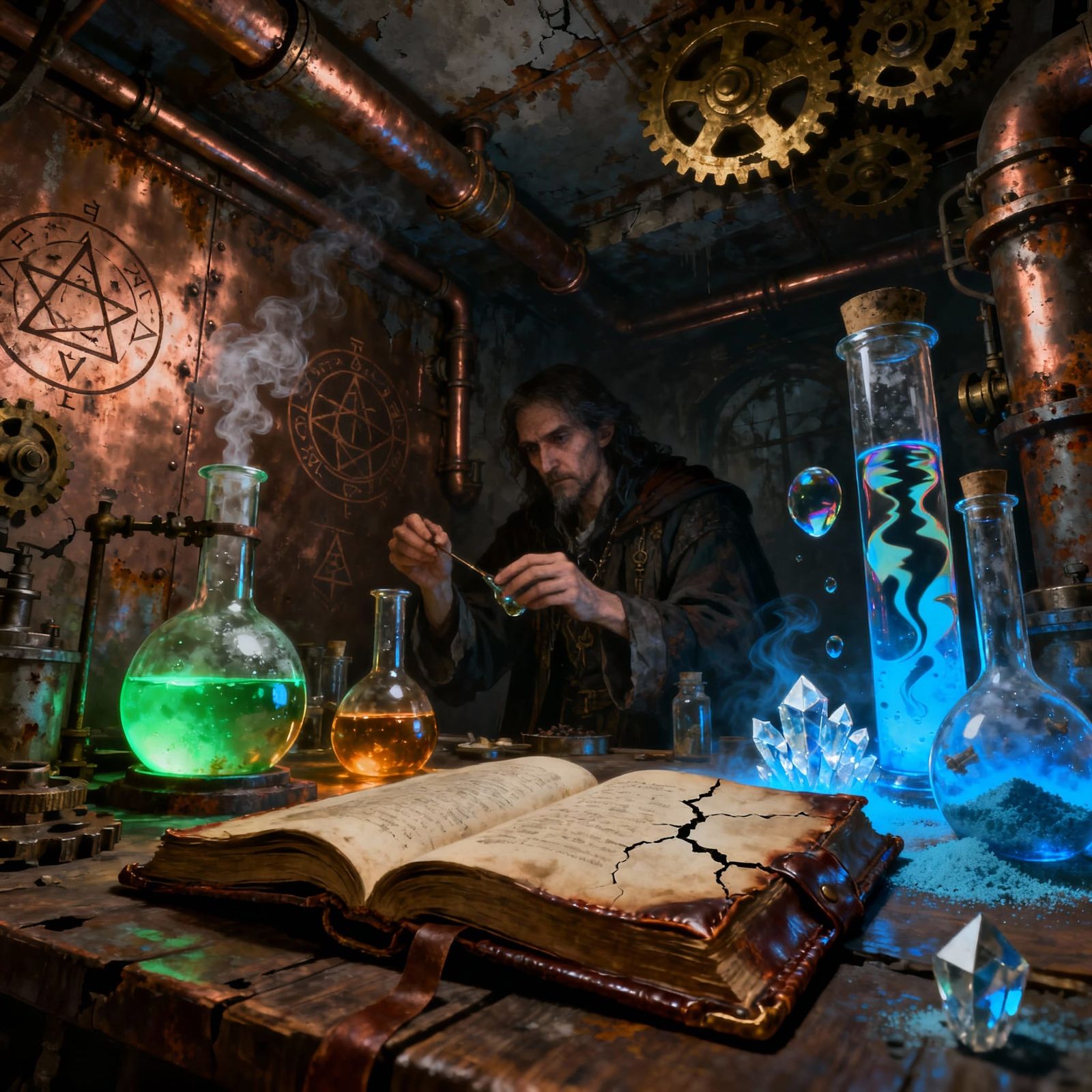 Alchemist Crafts Potion in Dim Steampunk Lab