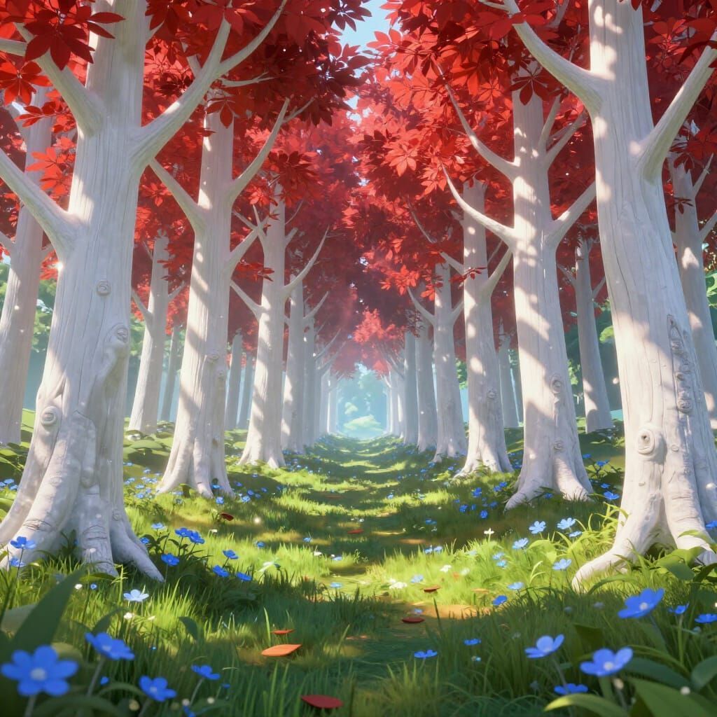 Enchanted Forest with White Trees, Red Leaves, and Blue Flow...