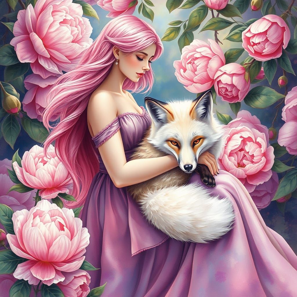 Woman and Fox Cuddle in Watercolor Peony Garden