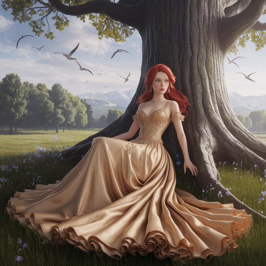 Woman in Gold Dress Resting by a Tree