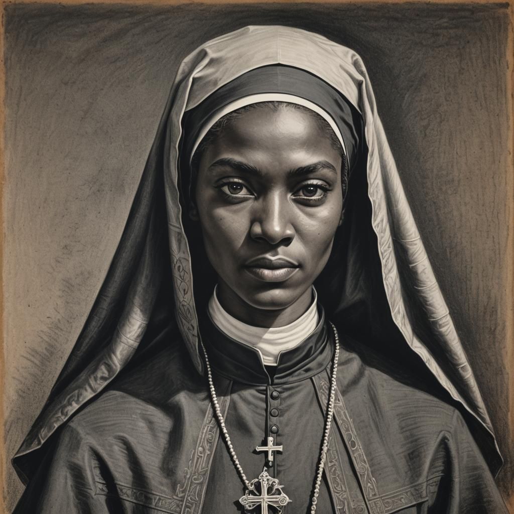 Young Black Nun Portrait in Charcoal Drawing