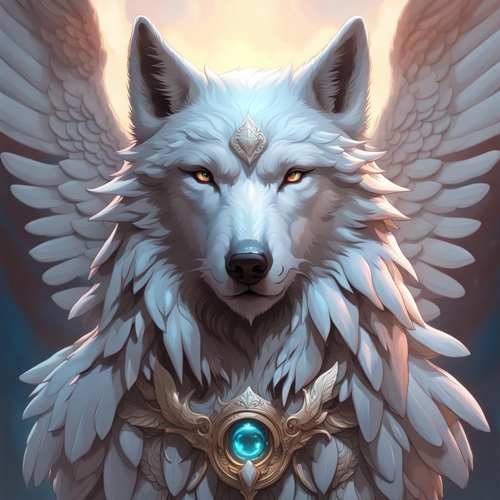 Wolf with Angel Wings: Hyperdetailed Portrait