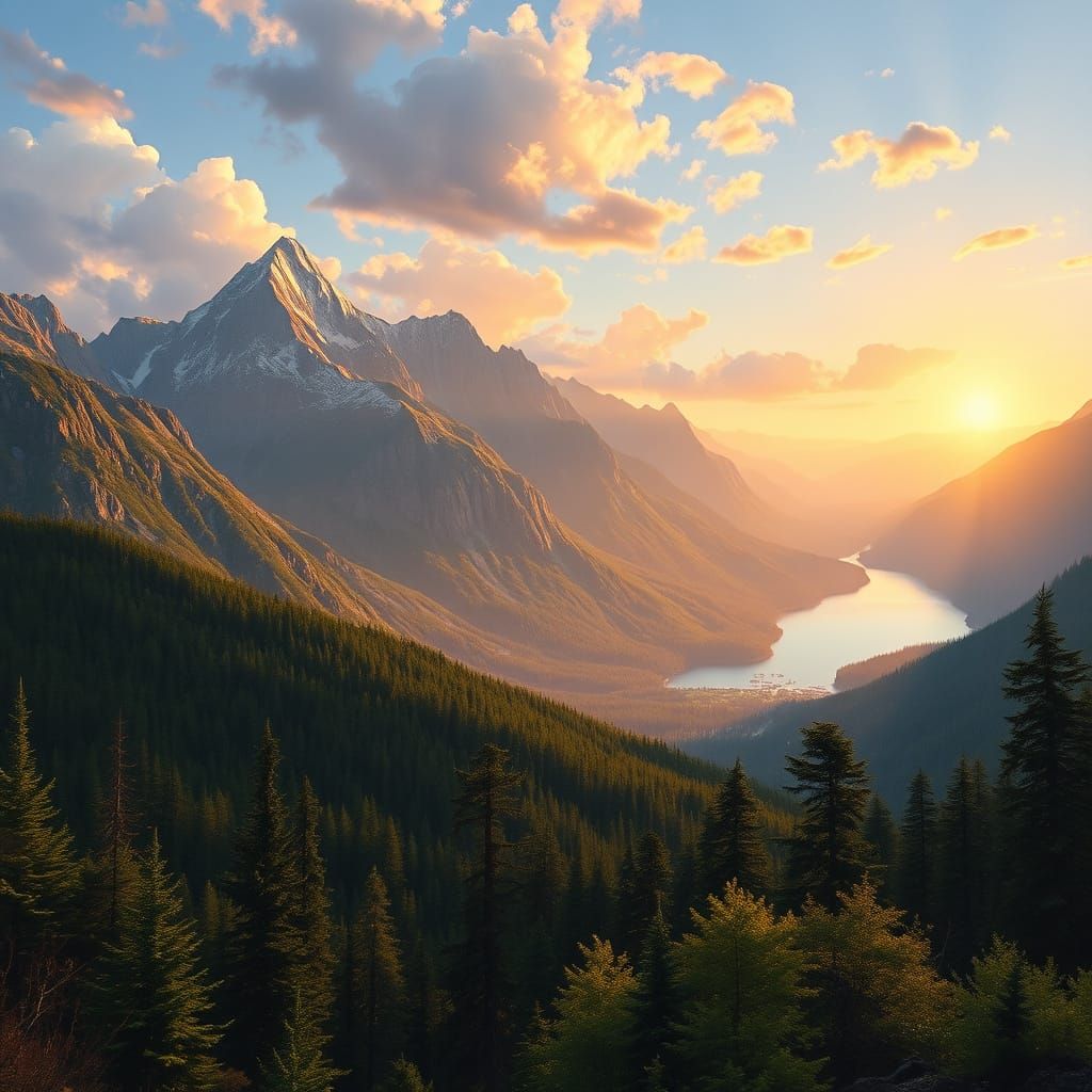 Mountain Landscape Panorama at Sunset in a Romantic Style