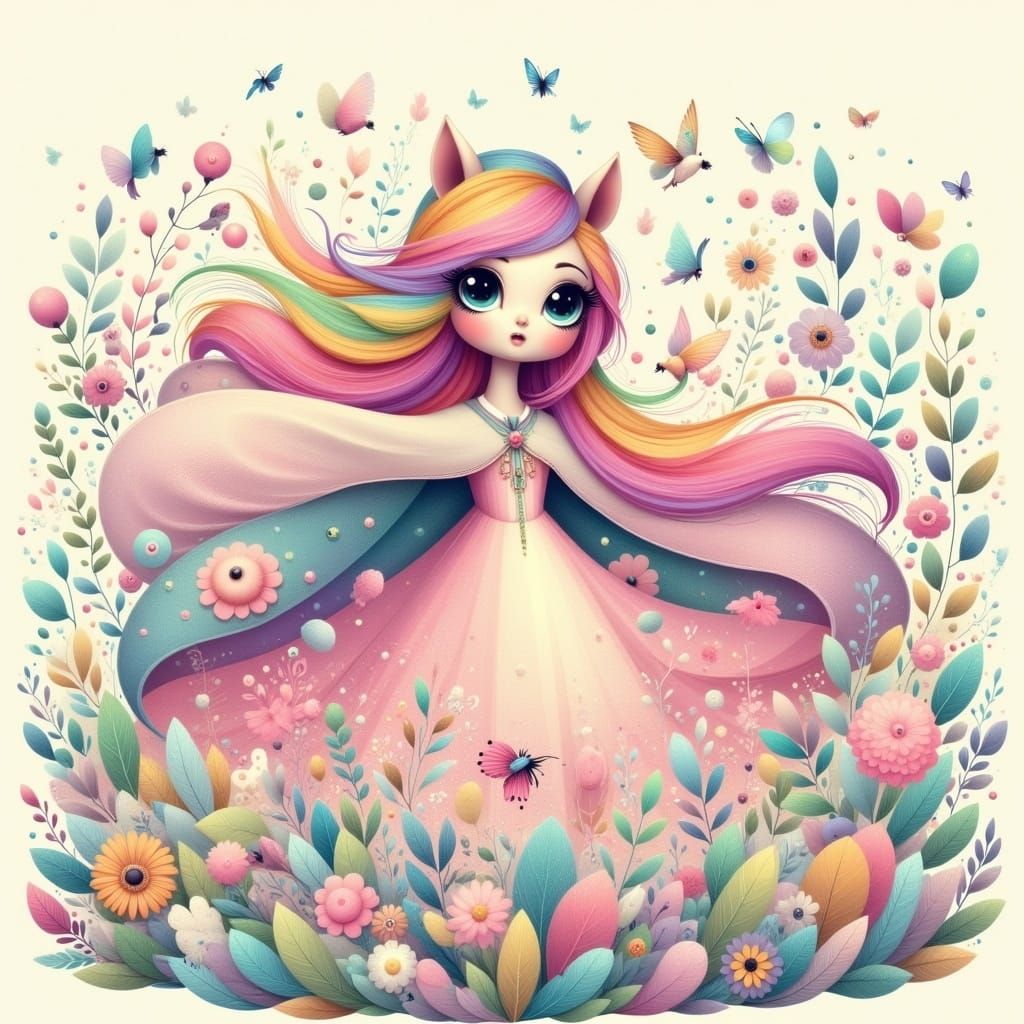 Whimsical 1970s My Little Pony in Pastel Rainbow Cape, Singi...