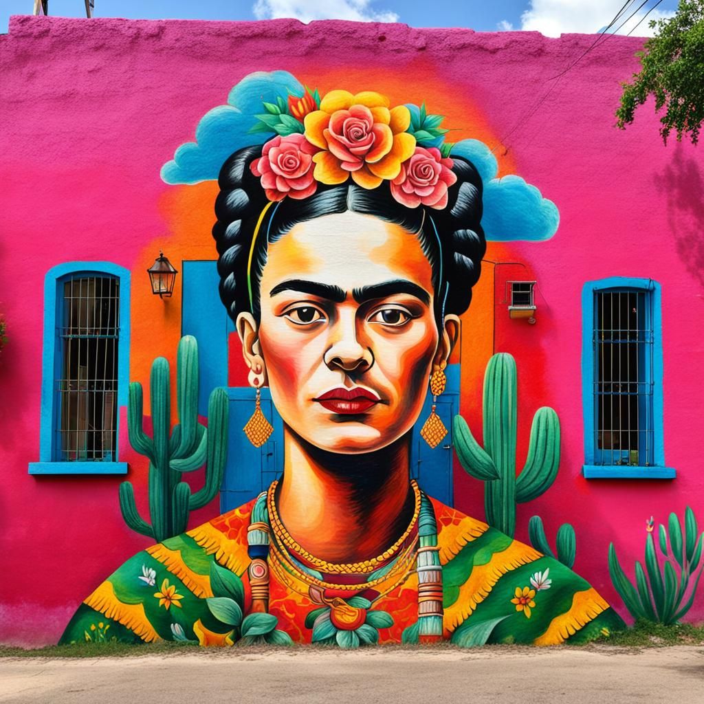 Frida Kahlo Chalk Mural on Mexican House