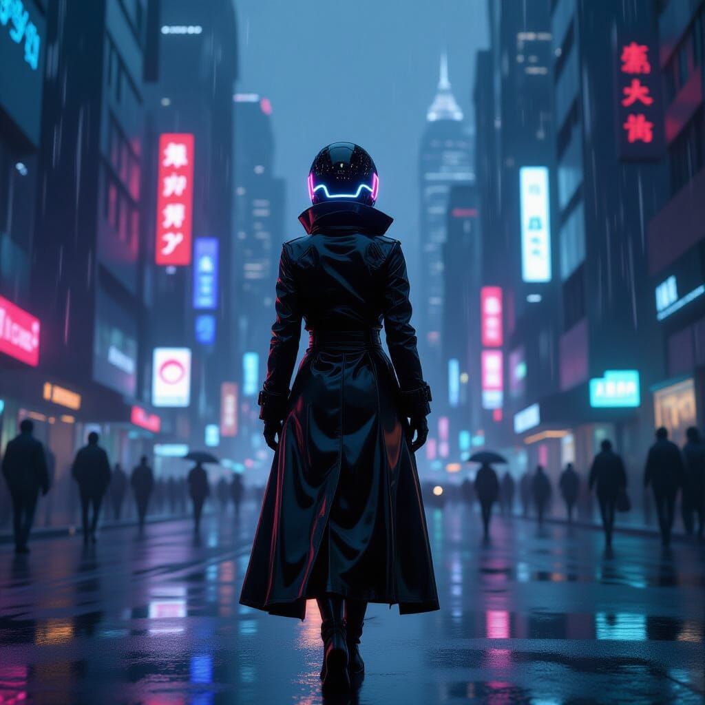 Cyberpunk Protagonist in Rainy City, Anime Style