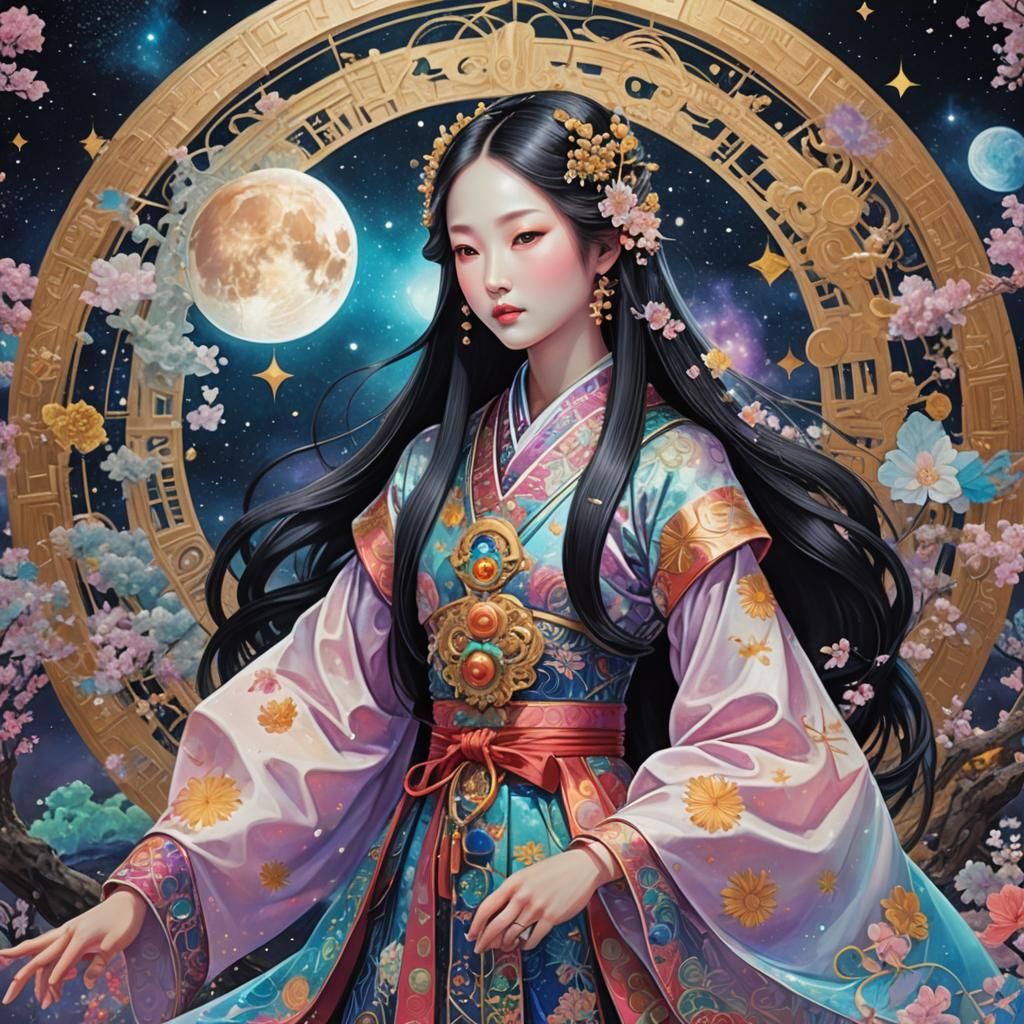 The Story Of Kaguya Hime, the moon princess. 8k resolution holographic astral cosmic illustration mixed media by Pablo A...
