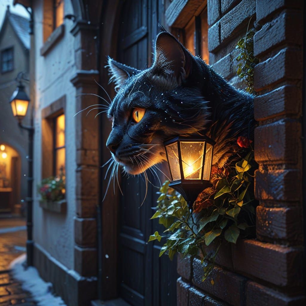 Mysterious Black Cat in Snowy Medieval Alleyway