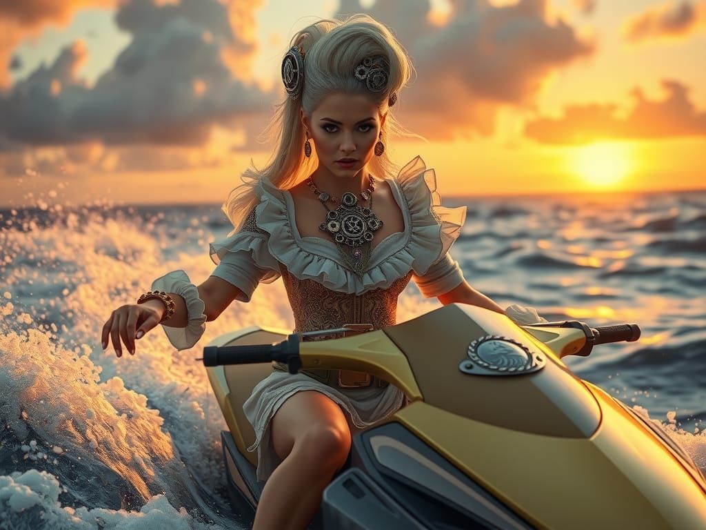 Rocopunk Woman on Jet Ski at Sunset