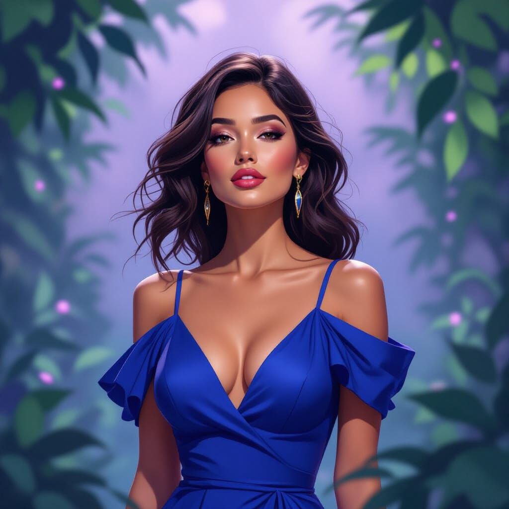 Vibrant Woman in Blue Dress with Expressive Brushstrokes