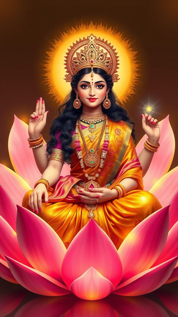 Dhanlaxmi, the Goddess of Wealth: Paint a portrait of Goddess Dhanlaxmi, adorned with gold and precious jewels, sitting ...