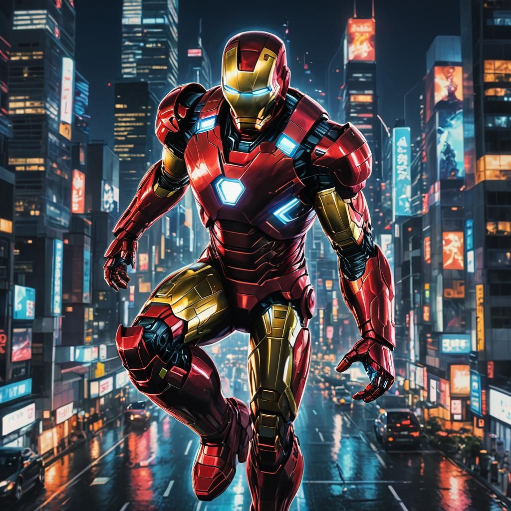 Iron Man Flies Through Tokyo: Neon Concept Art