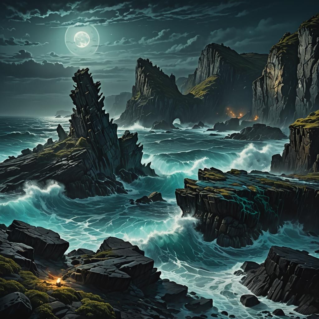 Mystical Sculptures by a Cliff in Dark Fantasy Art