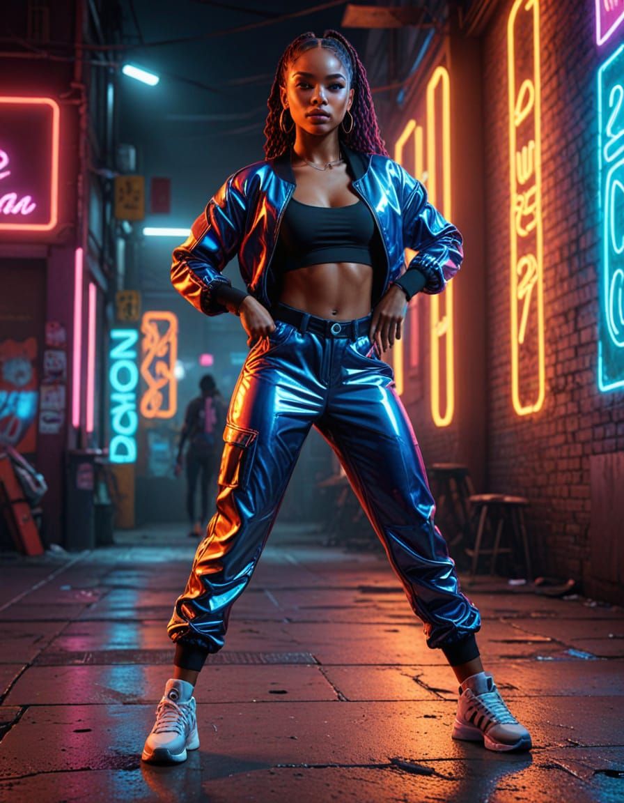 Dominican Street Dancer in Neon-Lit Urban Scene