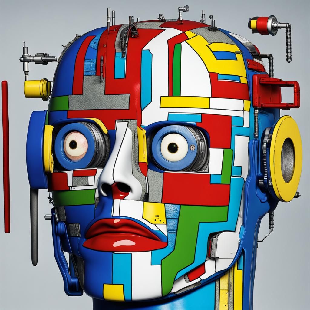 Dissected Cyborg Robot Head in Neo-Expressionist Style