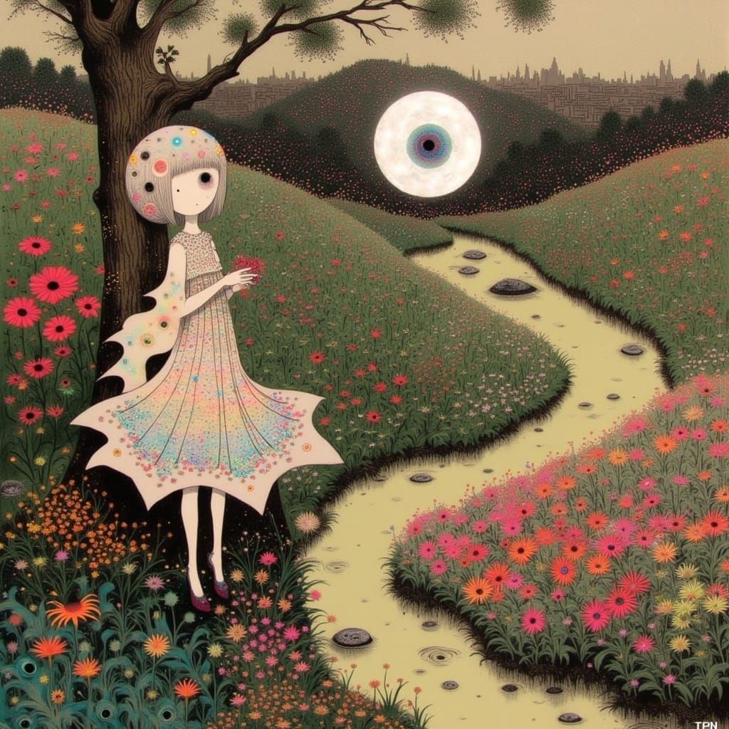 Serene Woman amidst Whimsical Nature, in Dreamy HDR Art