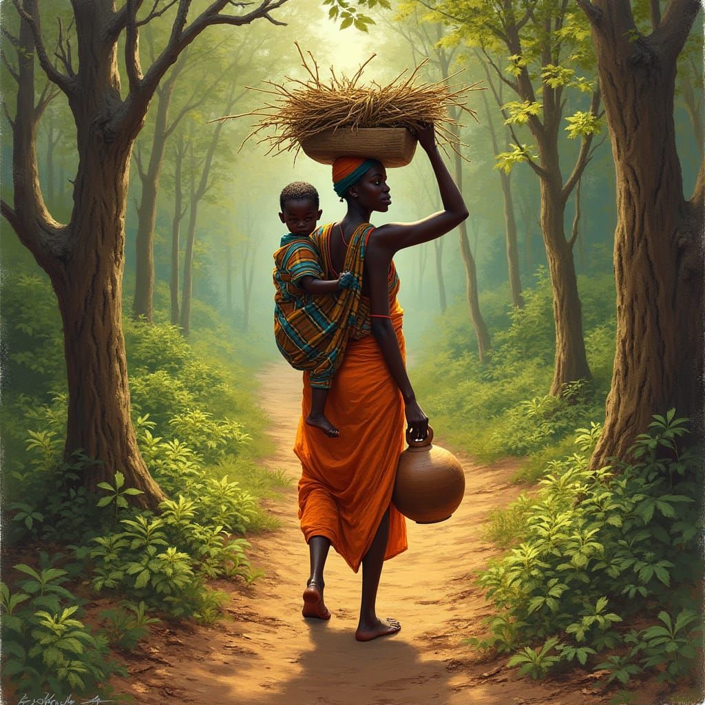 African Mother in Forest, Expressive Art Style