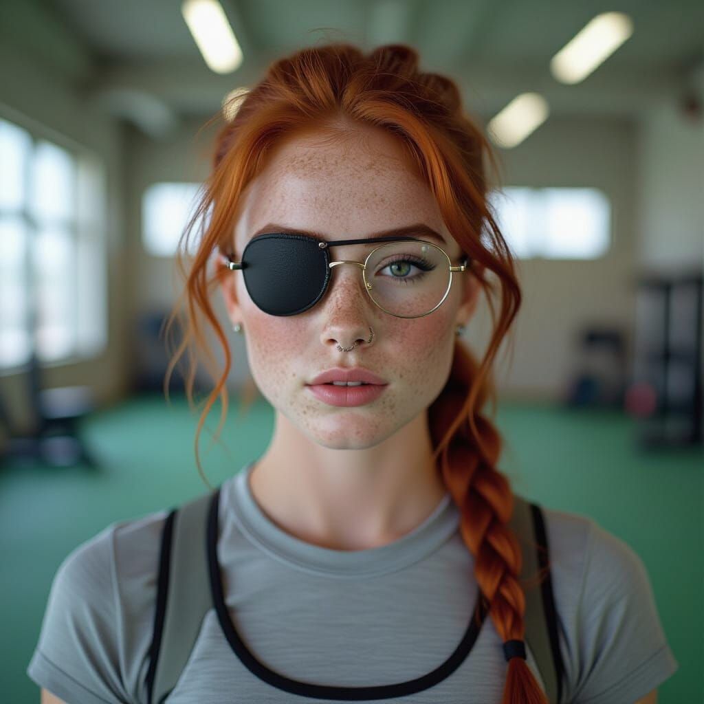 Redhead Girl in Gym with Eyepatch and Glasses
