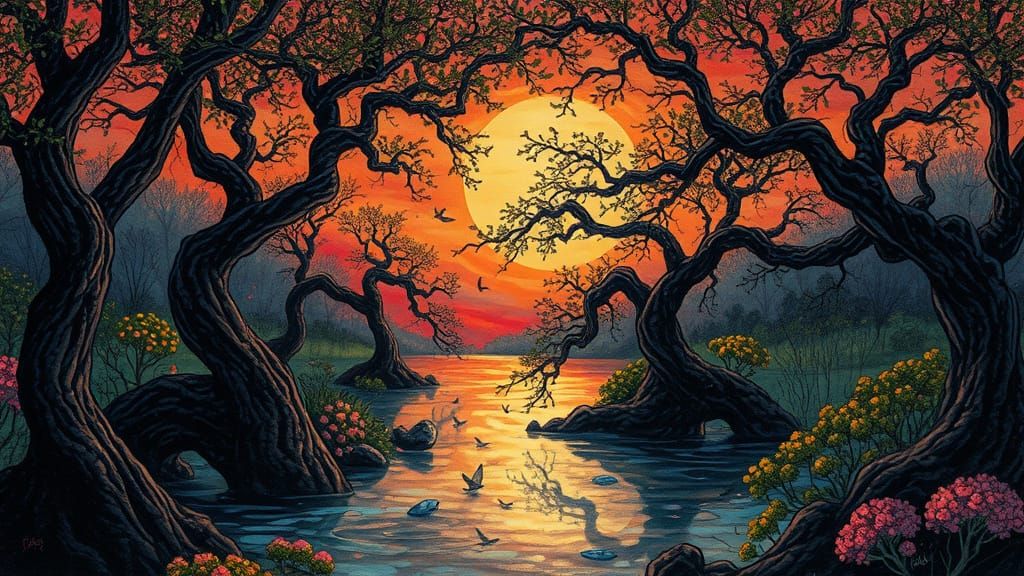 Whimsical Water Garden Scene in Dreamlike Splendor