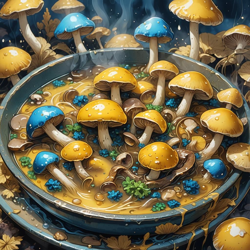 Anime-Style Soup with Yellow and Blue Mushrooms