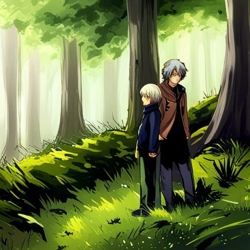 Father and Son in Forest: Anime-Style Illustration
