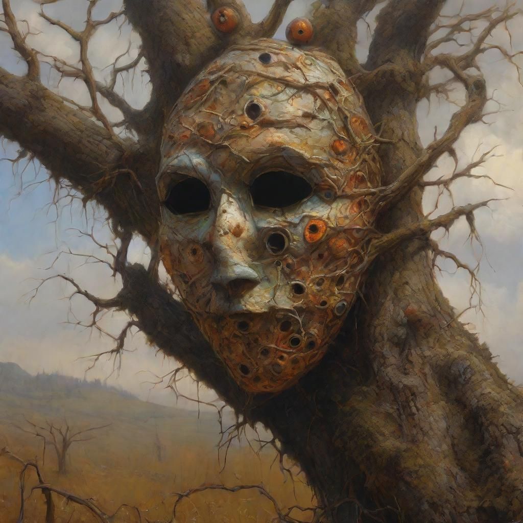 Eyeball Mask in Derelict Landscape, Surreal Oil Painting